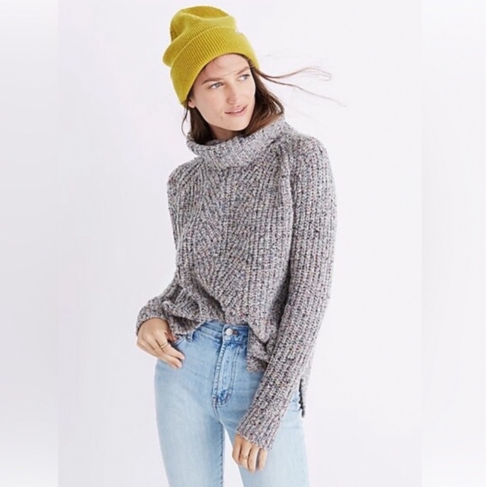 Madewell Gray Confetti Marled Wool Silk Blend Turtleneck Sweater XS Raglan